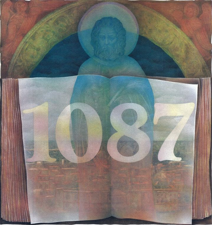 Un grande libro aperto con la data 1087 sotto l’arco del portale; sopra, l’icona del Santo