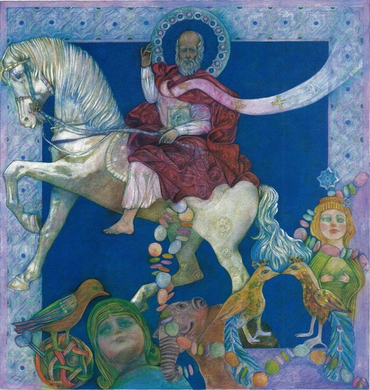 San Nicola su un cavallo bianco tra bambole, uccelli, caramelle e giocattoli
