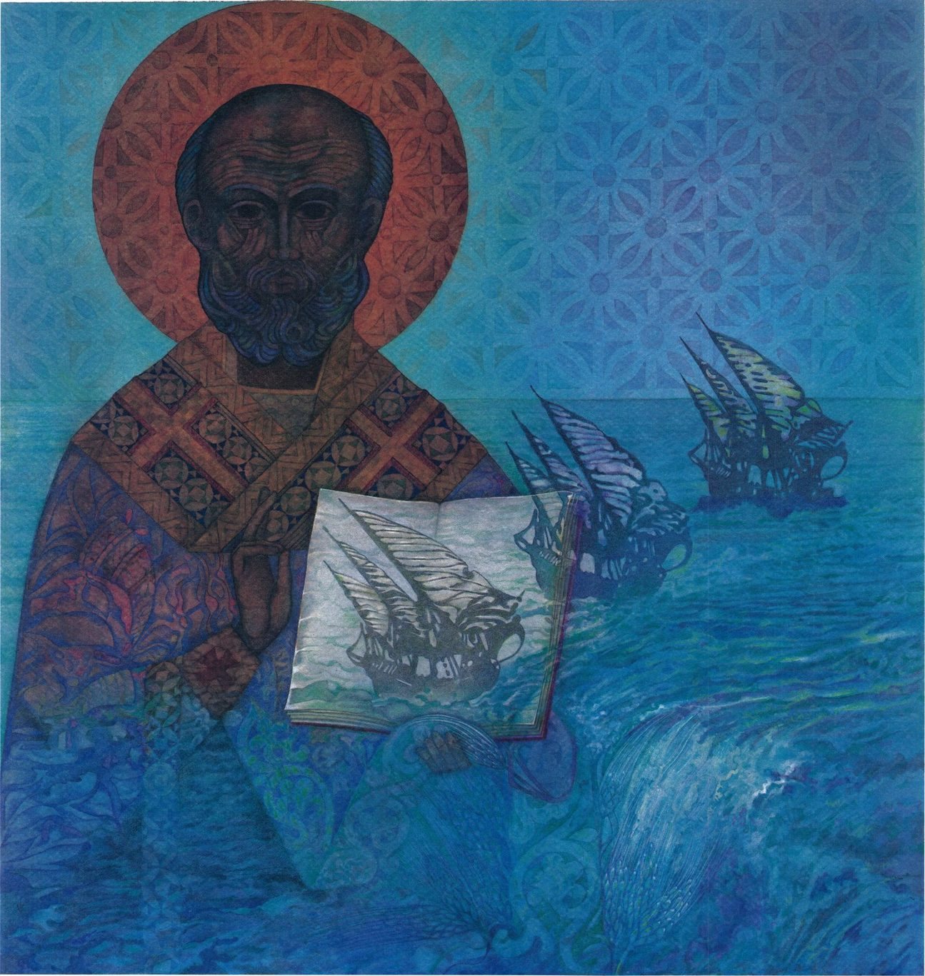 San Nicola con il libro da cui escono le navi della spedizione, dalla tavola di gennaio di Lillo Dellino