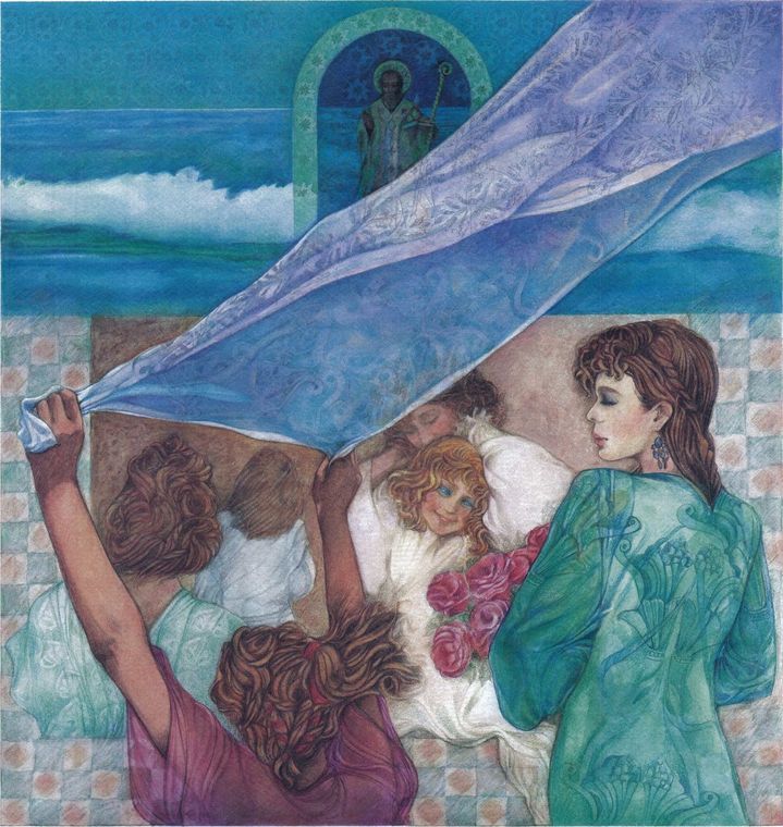 Ragazze in abiti ricamati sollevano un drappo; sullo sfondo il mare e l’icona del Santo