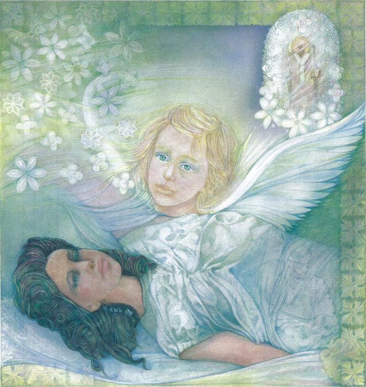 Un angelo veglia su una donna addormentata tra fiori bianchi