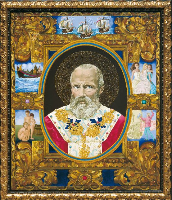 Ritratto di San Nicola in un ovale, dentro una grande cornice dorata con scene della sua leggenda: tre navi, una barca sul mare, tre fanciulle, tre bambini e un giovane coppiere