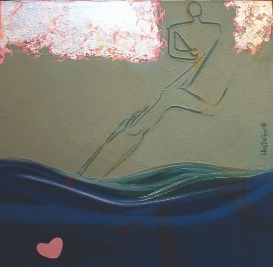 Figura stilizzata che emerge da onde blu, con fasce rosate in alto e un piccolo cuore