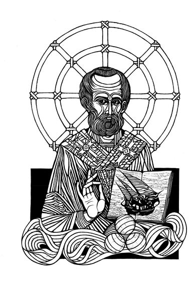 San Nicola disegnato a linee nere, con un libro e un’aureola a raggiera