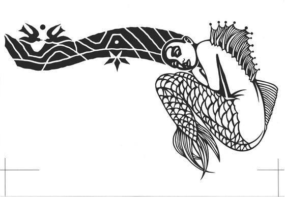 Sirena disegnata in bianco e nero, distesa in orizzontale