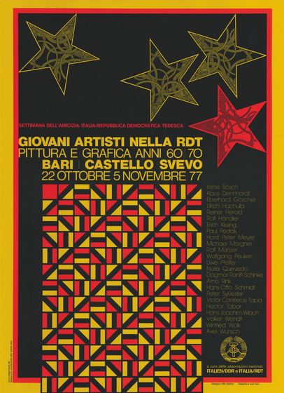 Manifesto nero e giallo con stelle e un motivo geometrico rosso e giallo
