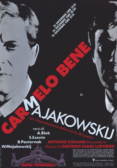 Manifesto in bianco e nero con il volto di Carmelo Bene e il titolo in rosso