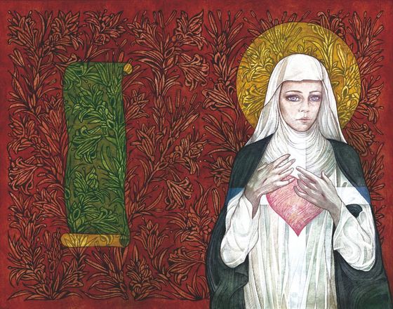 Santa con l’aureola dorata e un cuore tra le mani, su un fondo rosso decorato